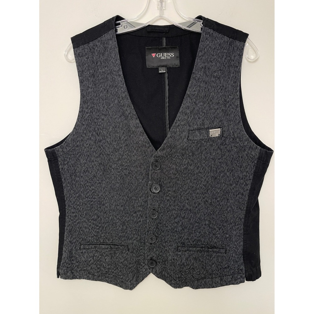 Guess Mens Vest Grey Black Textured Button Front Cinch Back L Preppy Casual